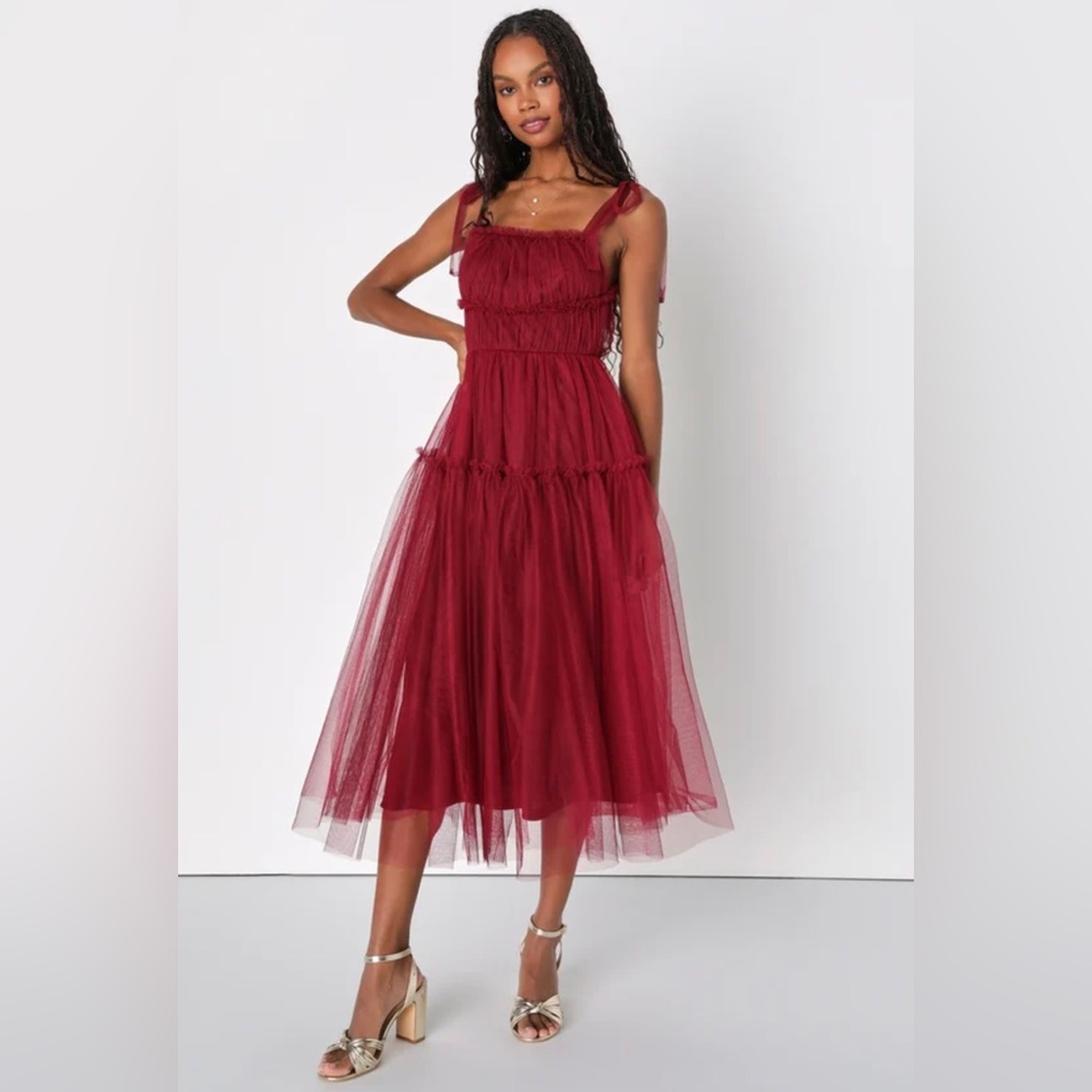 NWT, Graceful Charisma Burgundy Tulle Tiered Tie-Strap Midi Dress, Size small